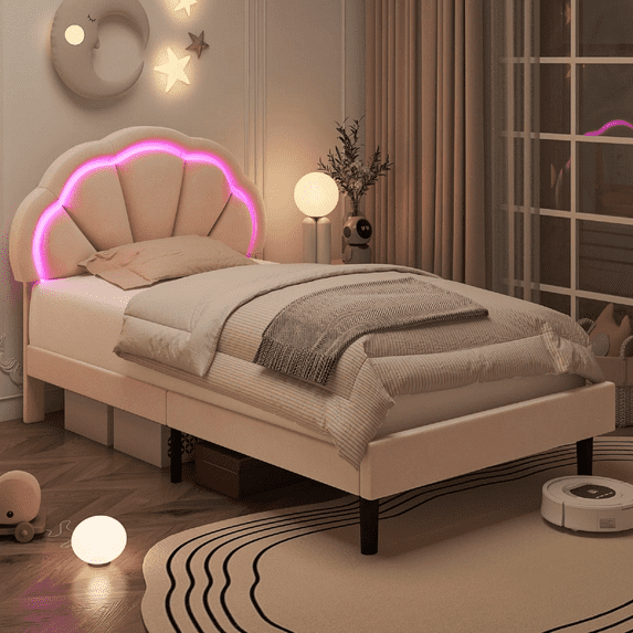 Homfa LED Bed Frame, Twin Size Velvet Upholstered Platform Bed with Adjustable Headboard, Lights Seashell Bed, Pink