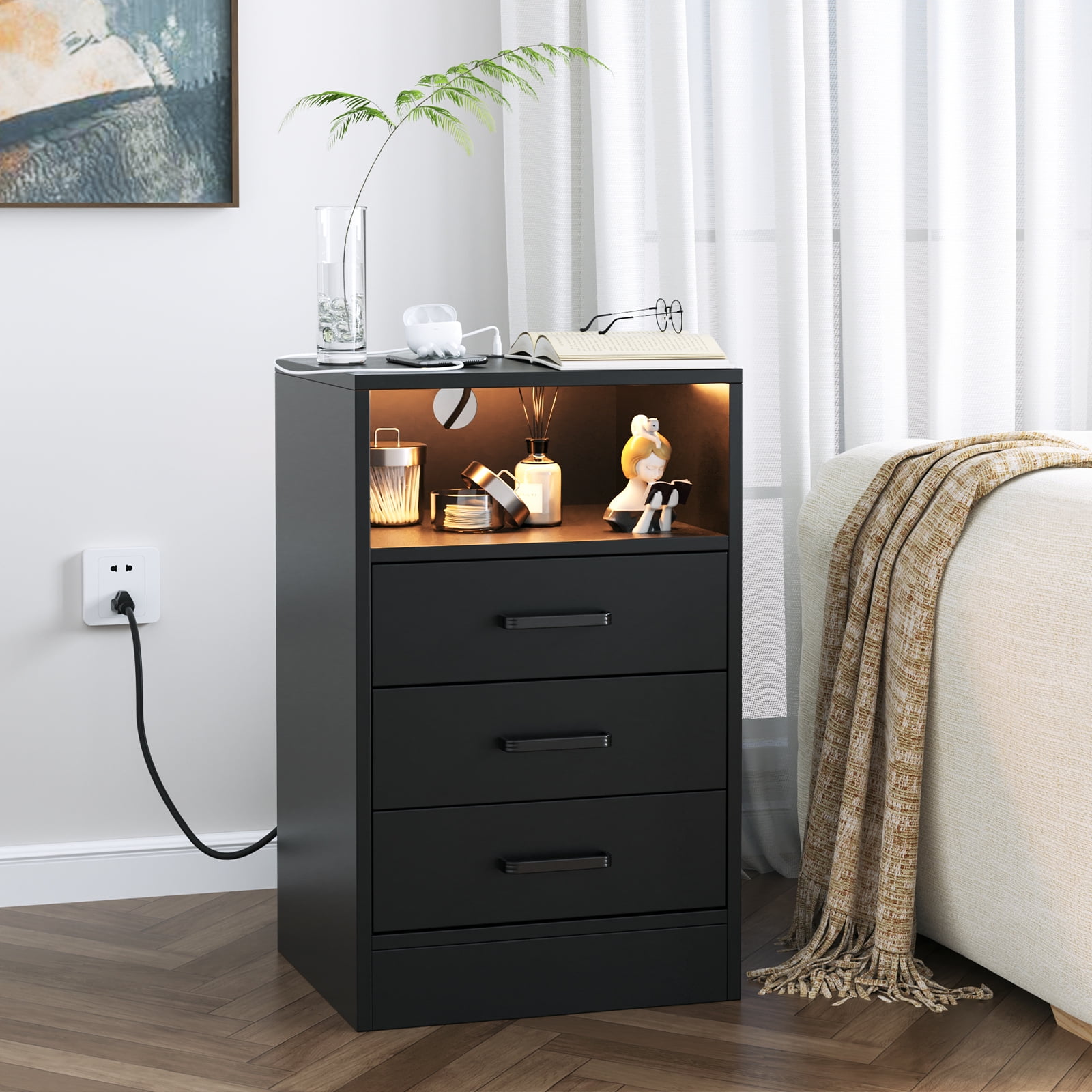 Homfa LED Light Nightstand with Charging Station, 3 Drawer Sofa Side