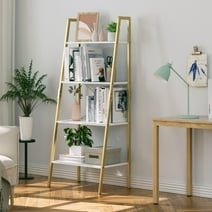 Homfa Ladder Bookshelf, 4-Teir Iron Leaning Bookcase for Home Office, White and Gold
