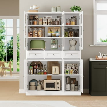 Homfa Hutch Cabinet 71'' Tall Kitchen Pantry with Drawers & Doors, Wood Storage Cabinet with Adjustable Shelves for Kitchen Dining Room, White