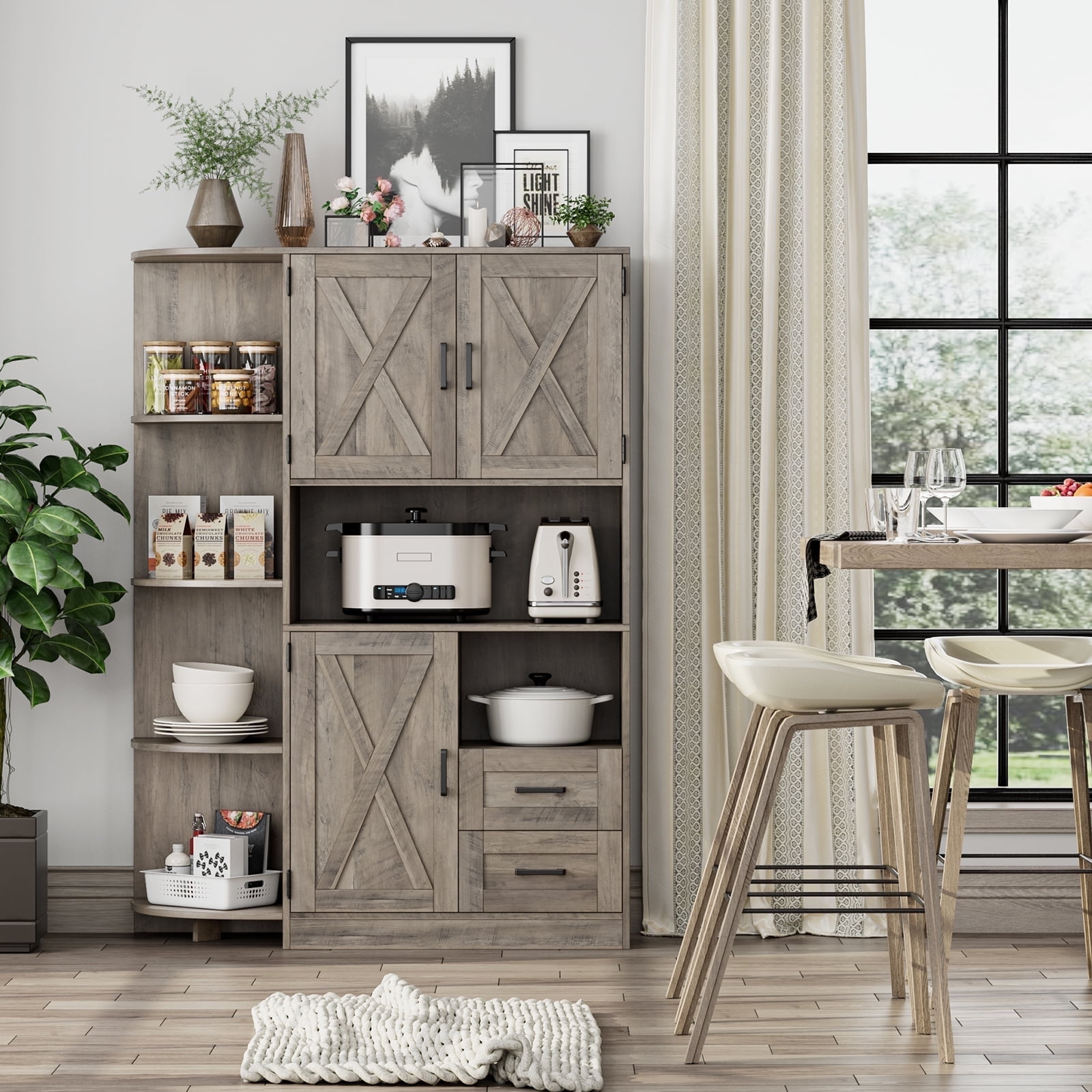 Homfa 60 Large Kitchen Pantry with Adjustable Shelves Farmhouse Tall Storage Cabinet for Dining Room Wash Gray