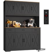 Homfa Kitchen Pantry with Hutch and Drawers, 71" Tall Storage Cabinet with 55" Wide Countertop and Built-In Power Outlet, Farmhouse Coffee Bar for Dining Room, 