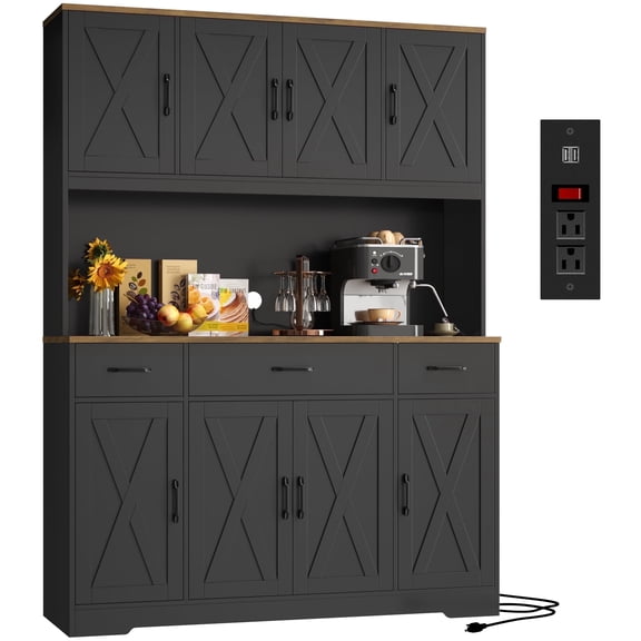 Homfa Kitchen Pantry with Hutch and Drawers, 71" Tall Storage Cabinet with 55" Wide Countertop and Built-In Power Outlet, Farmhouse Coffee Bar for Dining Room, Black & Rustic Brown