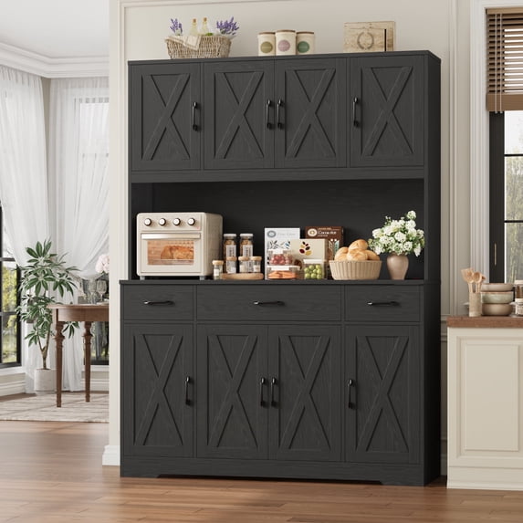 Homfa Kitchen Pantry with Hutch and Drawers, 71" Tall Storage Cabinet with 55" Wide Countertop and Built-In Power Outlet, Farmhouse Coffee Bar for Dining Room, Black Bark Grain