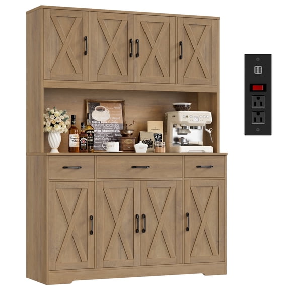 Homfa Kitchen Pantry with Hutch and Drawers, 71" Tall Storage Cabinet with 55" Wide Countertop and Built-In Power Outlet, Farmhouse Coffee Bar for Dining Room, Rustic Brown