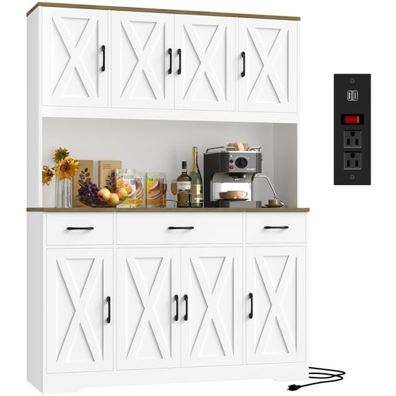 Homfa Kitchen Pantry with Hutch and Drawers, 71" Tall Storage Cabinet with 55" Wide Countertop and Built-In Power Outlet, Farmhouse Coffee Bar for Dining Room, White & Rustic Brown