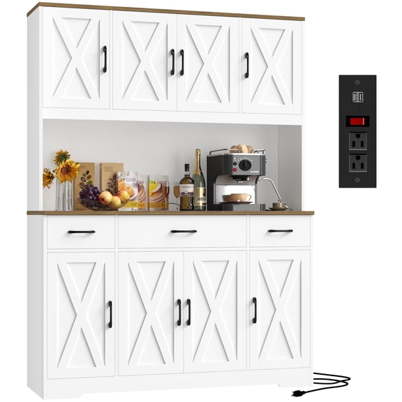 Homfa Kitchen Pantry with Hutch and Drawers, 71" Tall Storage Cabinet with 55" Wide Countertop and Built-In Power Outlet, Farmhouse Coffee Bar for Dining Room, White & Rustic Brown