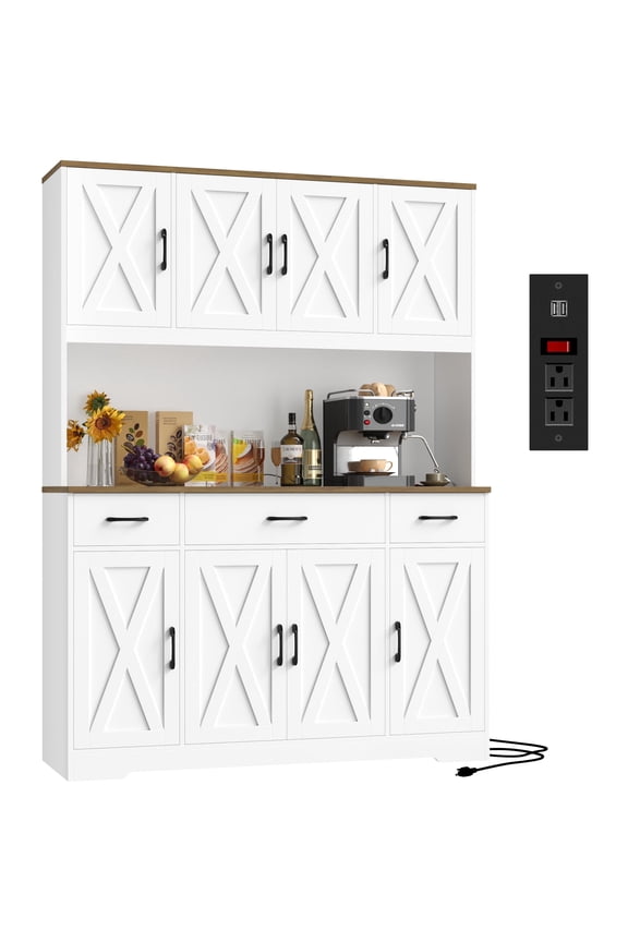 Kitchen Pantry with Hutch and Drawers, 71" Tall Storage Cabinet with 55" Wide Countertop and Built-In Power Outlet, Farmhouse Coffee Bar for Dining Room, White & Rustic Brown