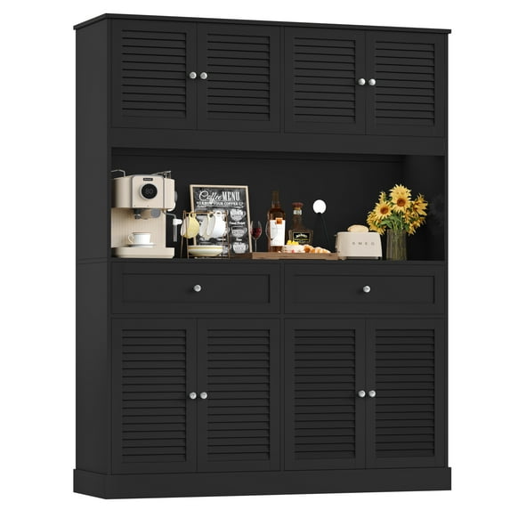 Homfa Large Pantry Cabinet with 8 Louvered Doors, 70.7" Tall Kitchen Storage Cabinet with Hutch & 2 Drawers, Modern Coffee Bar for Dining Room, Black