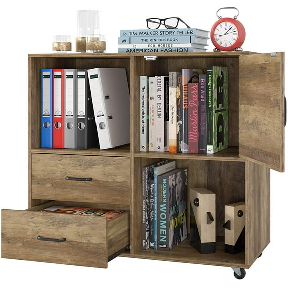 Homfa Lateral File Cabinet with 2 Drawers, Printer Stand with Storage Shelves, Large Mobile Filing Cabinet, Functional Wood Cabinet for Home Office with Wheels, Rustic Brown