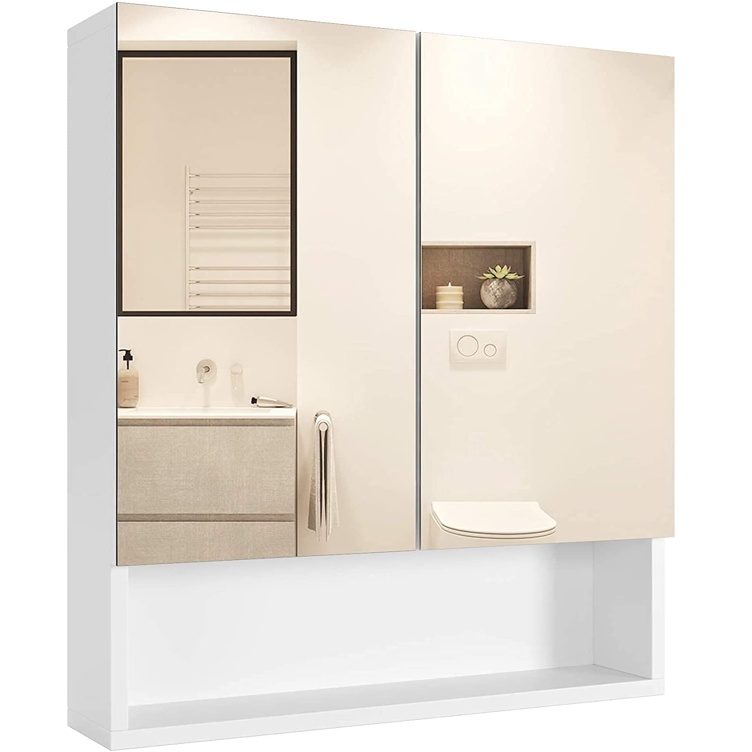 Homfa Wall Mirror with Shelf，26 Inch Height Mirror for Wall, Modern  Wall-Mounted Mirror with 1 Shelf 3 Hooks for Bathroom-White