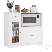 Homfa Microwave Cabinet with Charging Station, Kitchen Pantry Cabinet Sideboard with Adjustable Shelves and Drawer for Dining Room, White