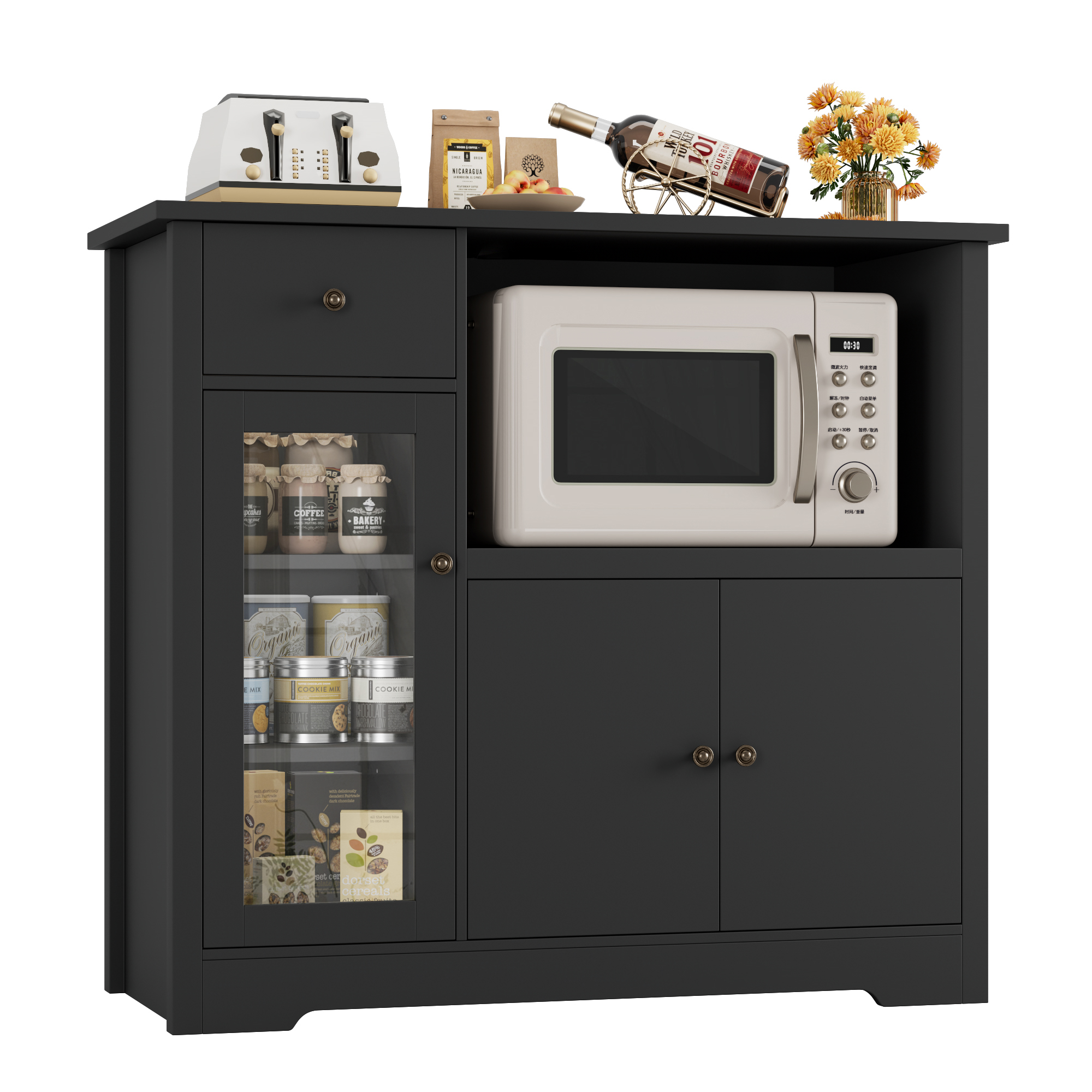 Homfa Microwave Cabinet with Hutch, Kitchen Pantry Cabinet Sideboard with Adjustable Shelves and Drawer for Dining Room, Black