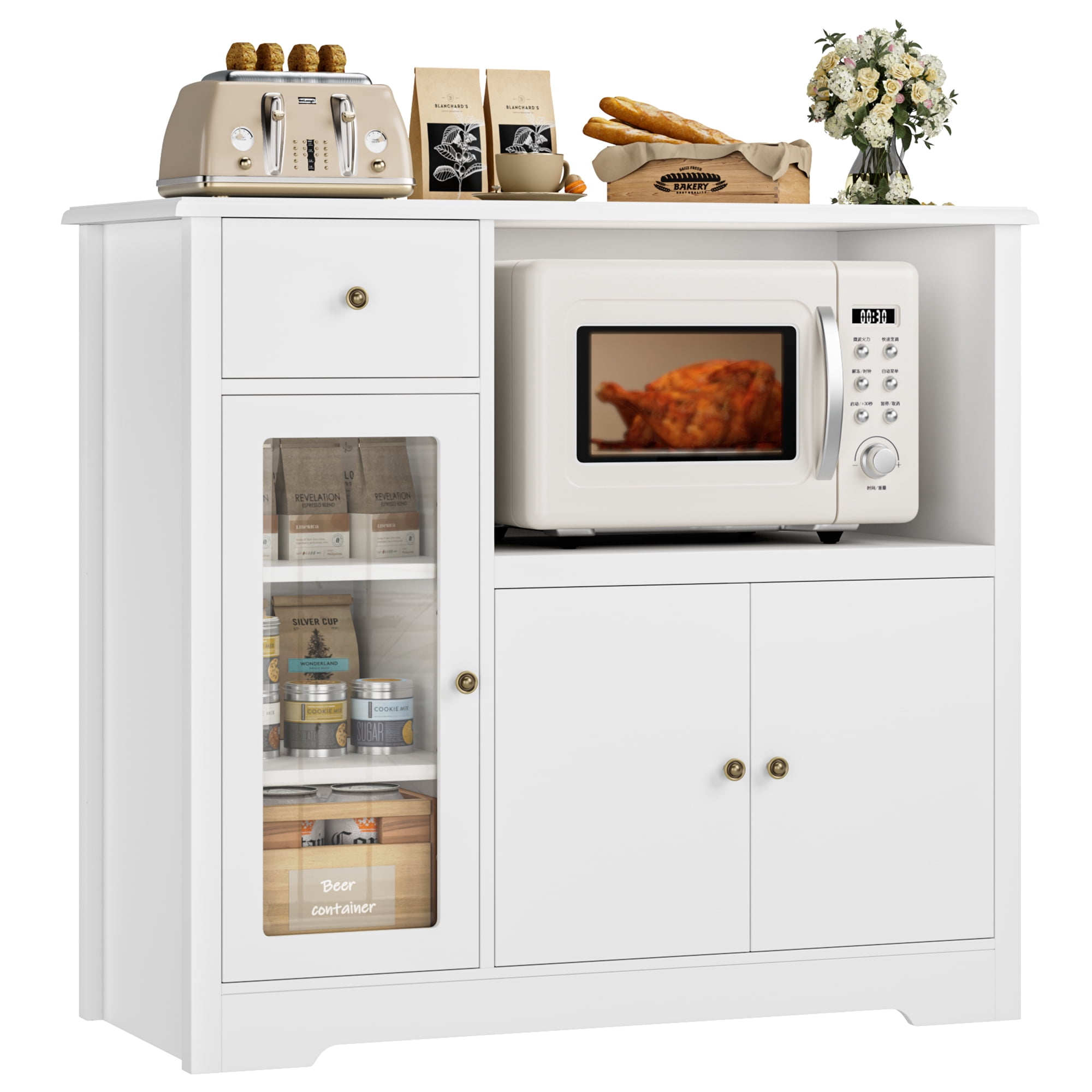 Homfa Microwave Cabinet with Hutch, Kitchen Pantry Cabinet Sideboard with Adjustable Shelves and Drawer for Dining Room, White
