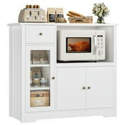 Homfa Microwave Cabinet with Hutch, Kitchen Pantry Cabinet Sideboard with Adjustable Shelves and Drawer for Dining Room, White