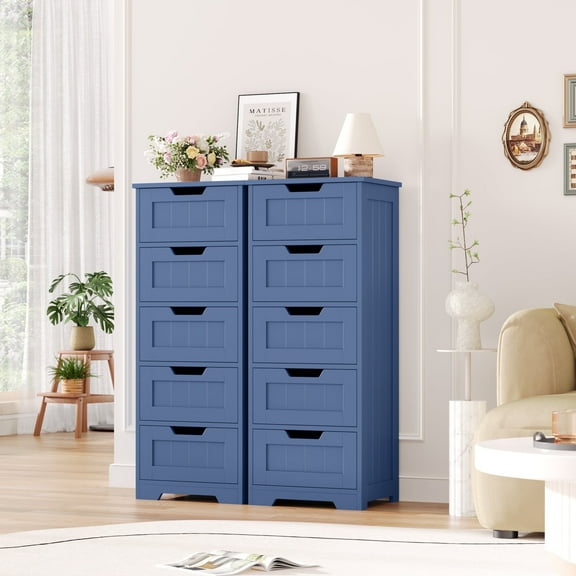 Homfa Modern Bathroom Cabinet, Free Standing Storage Cabinet with 5 Drawers Organizer Unit for Living Room Bedroom, 2PCS, Blue