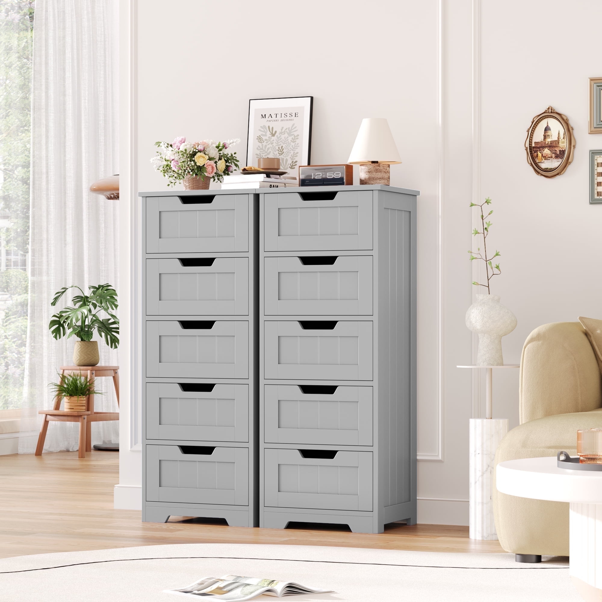 Homfa Modern Bathroom Cabinet, Free Standing Storage Cabinet with 5 Drawers Organizer Unit for Living Room Bedroom, 2PCS, Gray