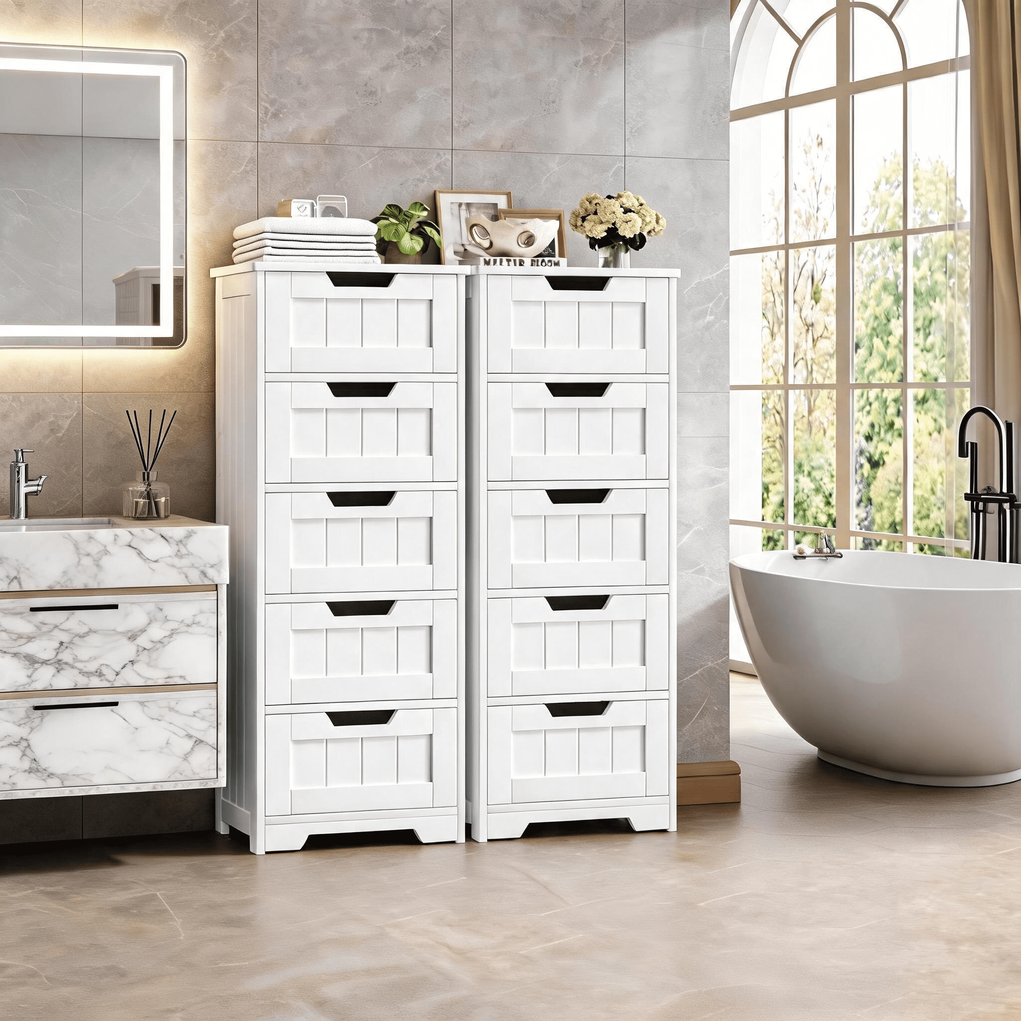Homfa Modern Bathroom Cabinet, Free Standing Storage Cabinet with 5 Drawers Organizer Unit for Living Room Bedroom, 2PCS, White