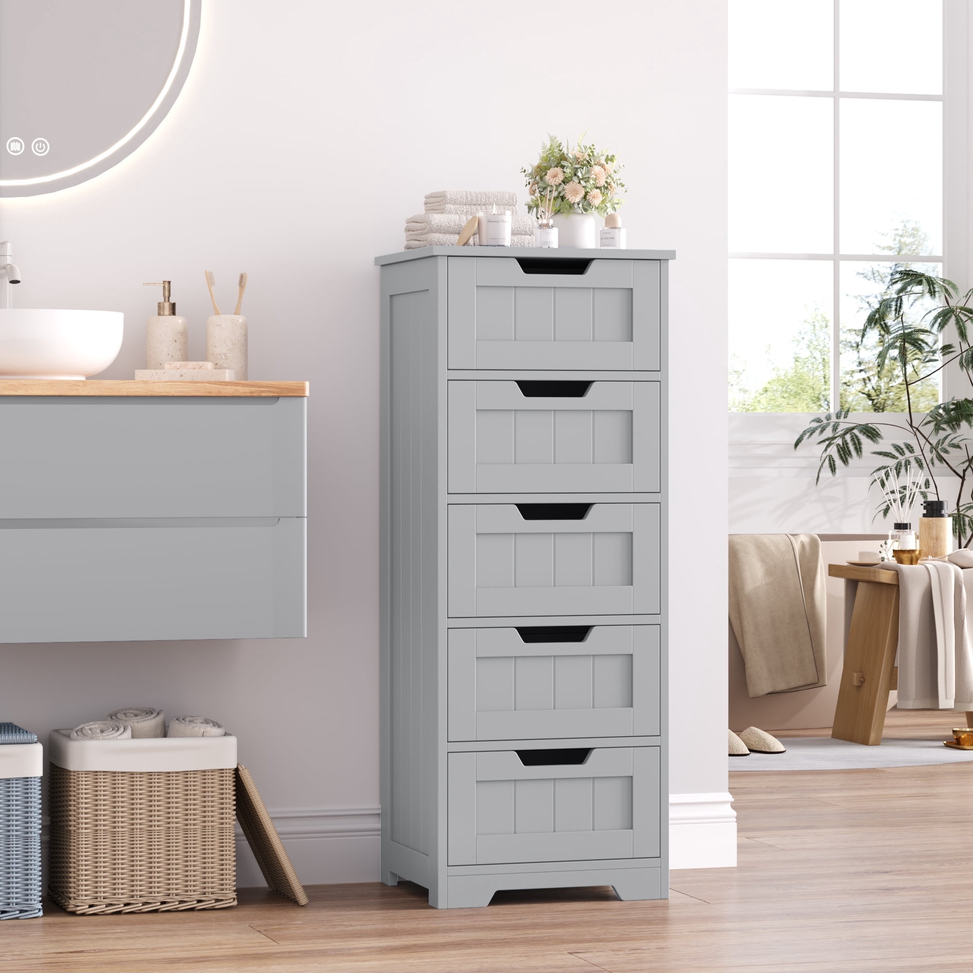 Homfa Modern Bathroom Cabinet, Free Standing Storage Cabinet with 5 Drawers Organizer Unit for Living Room Bedroom, Grey