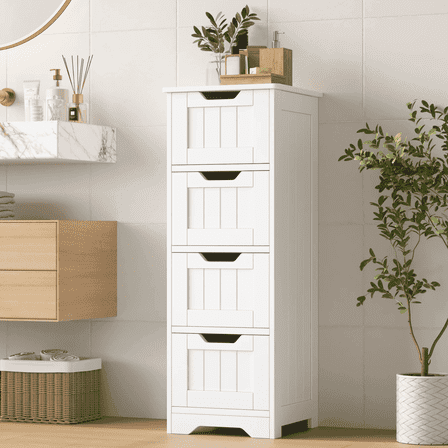 Homfa Bathroom Storage Cabinet, Free Standing Narrow Cabinet with 4 Drawers Entryway Storage Organizer for Living Room Bedroom, White