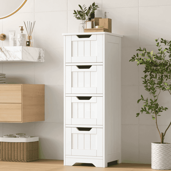Homfa Bathroom Storage Cabinet, Free Standing Narrow Cabinet with 4 Drawers Entryway Storage Organizer for Living Room Bedroom, White