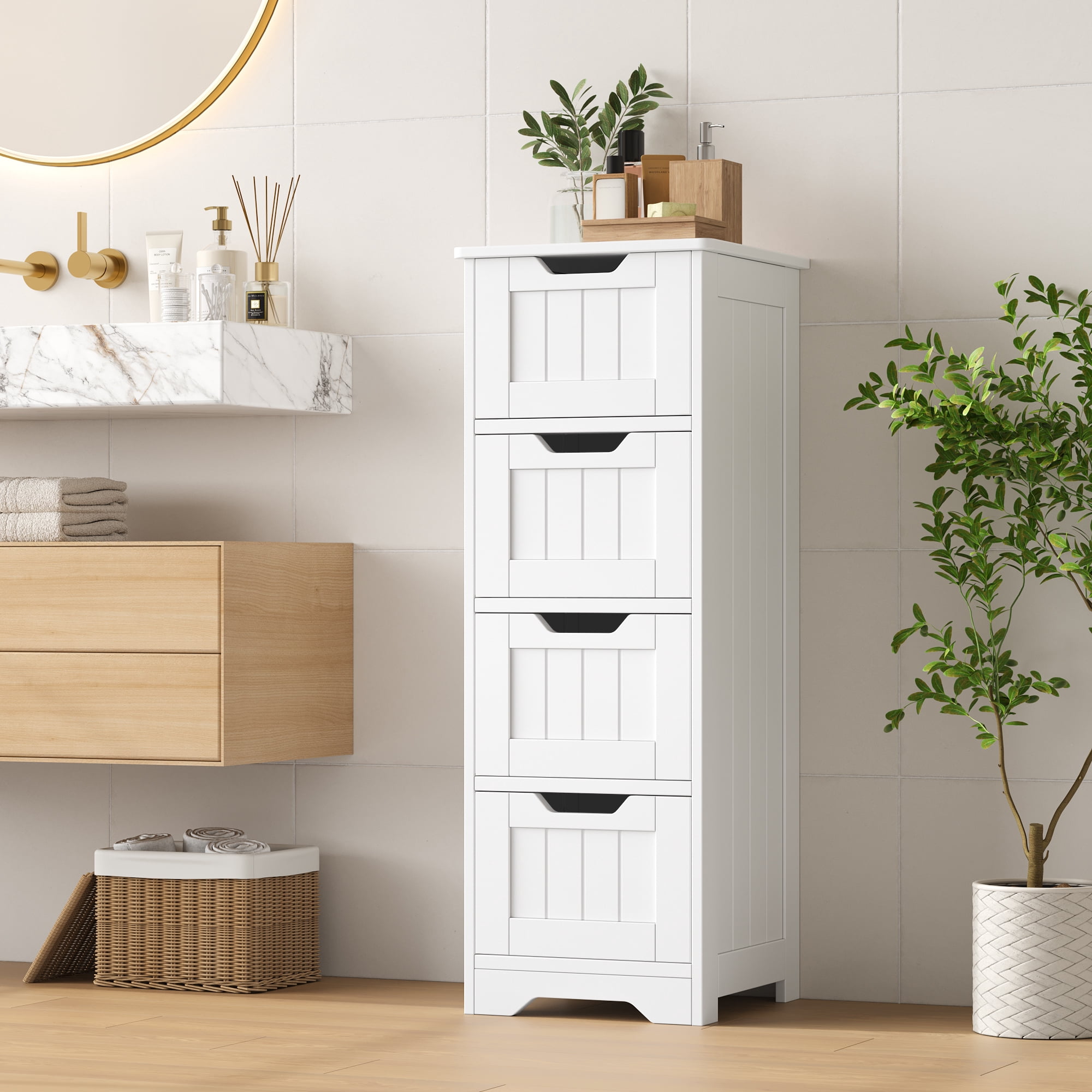 Homfa Bathroom Storage Cabinet, Free Standing Narrow Cabinet with 4 Drawers Entryway Storage Organizer for Living Room Bedroom, White