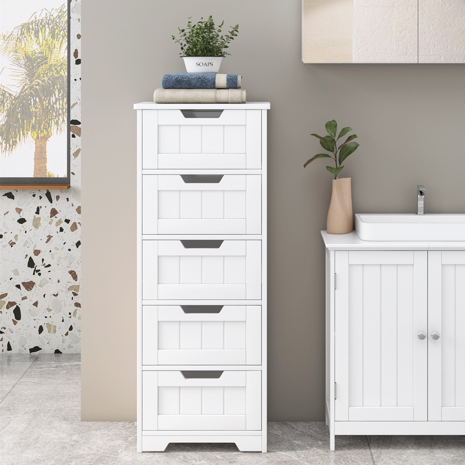 Homfa Modern Bathroom Floor Medicine Cabinet with 5 Drawers, Free Standing  Storage Organizer Unit for Living Room Bedroom, White
