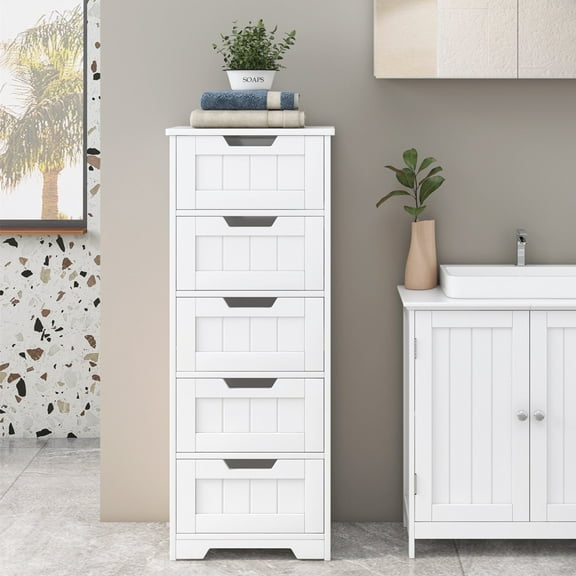 Homfa Modern Bathroom Cabinet, Free Standing Storage Cabinet with 5 Drawers Organizer Unit for Living Room Bedroom, White