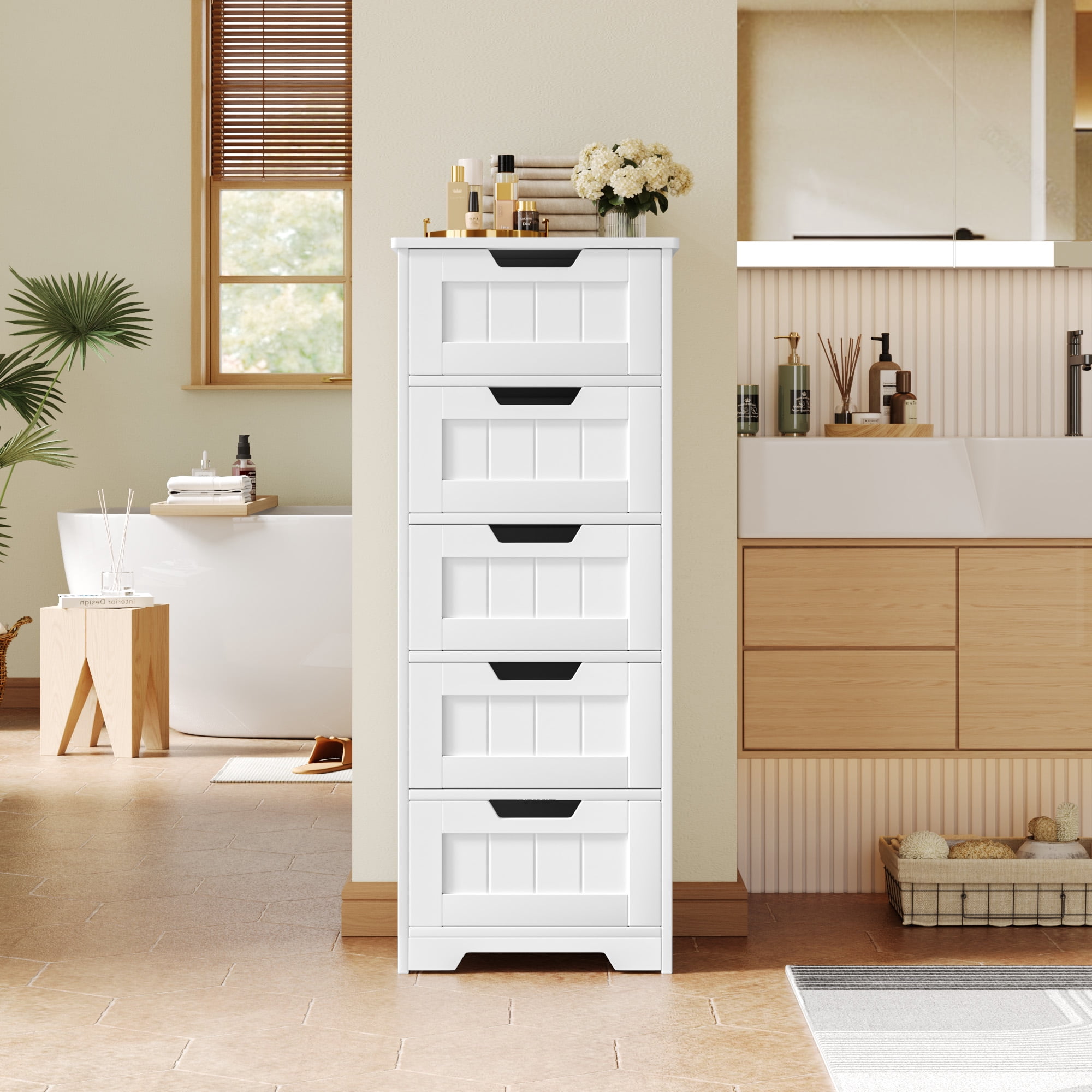 Homfa Modern Bathroom Cabinet, Free Standing Storage Cabinet with 5 Drawers Organizer Unit for Living Room Bedroom, White