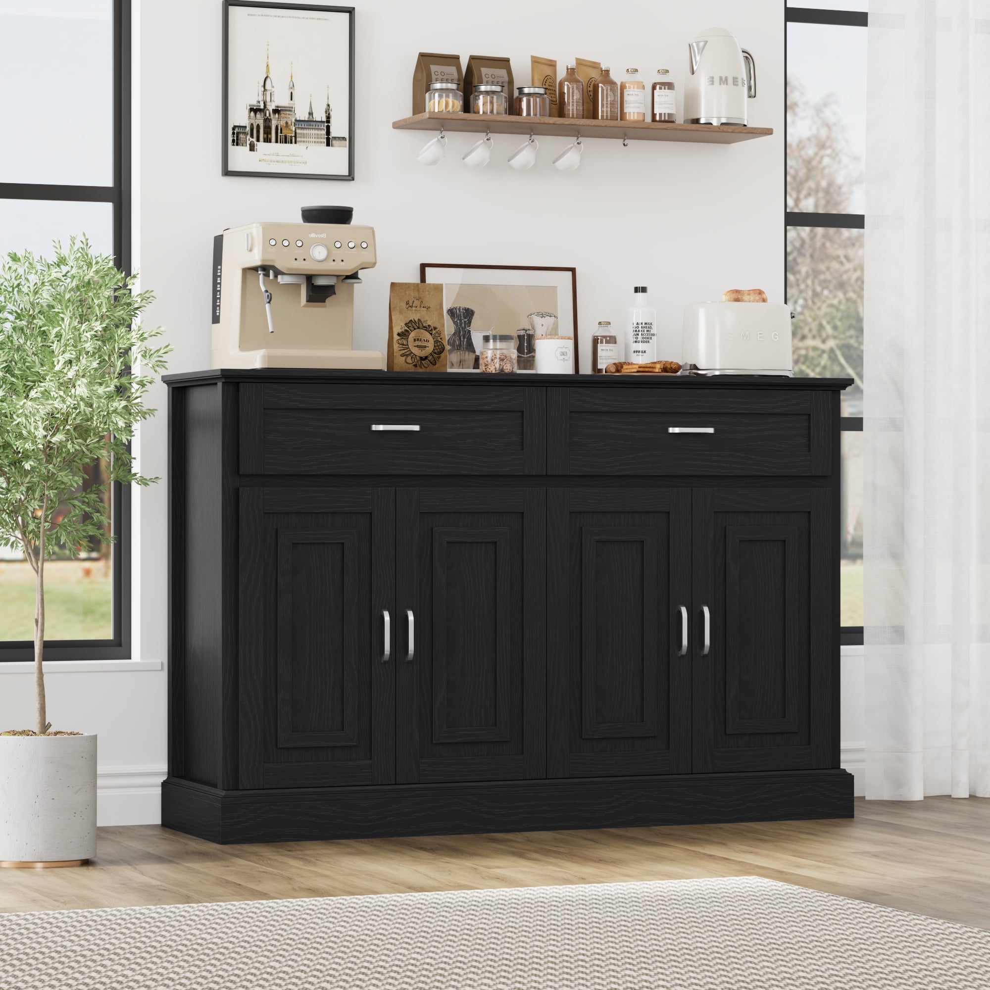 Storage Cabinet With 3 Doors, Coffee Bar Cabinet With Metal Legs Kitchen Buffet Cabinet With Adjustable Shelves