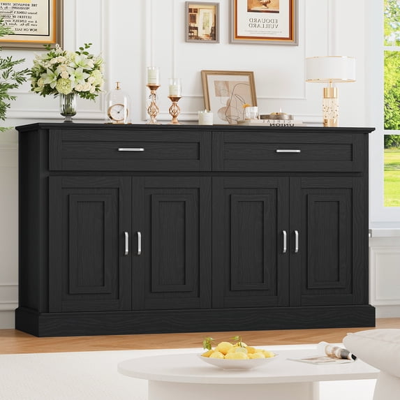 Homfa Black Kitchen Buffet Cabinet with 2 Drawers & 4 Doors, 55" W Sideboard Buffet Storage Cabinet with Shelves Credenza Cabinet for Dining Room