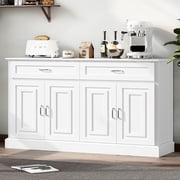 Homfa White Kitchen Buffet Cabinet with 2 Drawers & 4 Doors, 55" W Sideboard Buffet Storage Cabinet with Shelves Credenza Cabinet for Dining Room