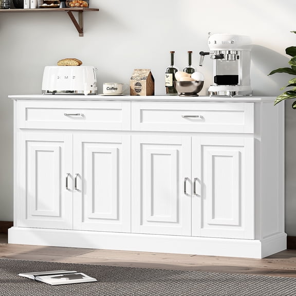 Homfa White Kitchen Buffet Cabinet with 2 Drawers & 4 Doors, 55" W Sideboard Buffet Storage Cabinet with Shelves Credenza Cabinet for Dining Room