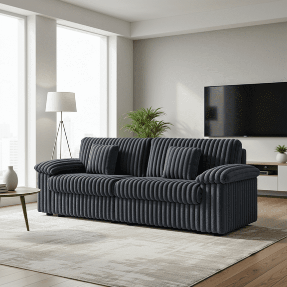 Homfa 92" Large Corduroy Loveseat Sofa with USB Charging Ports & 2 Throw Pillows, Comfy 2-Seater Sofa for Living Room, Dark Gray