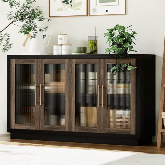 Homfa 55.1"W Modern Sideboard Buffet with Fluted Glass Doors, Accent Cabinet Console Table TV Stand, Black & Brown