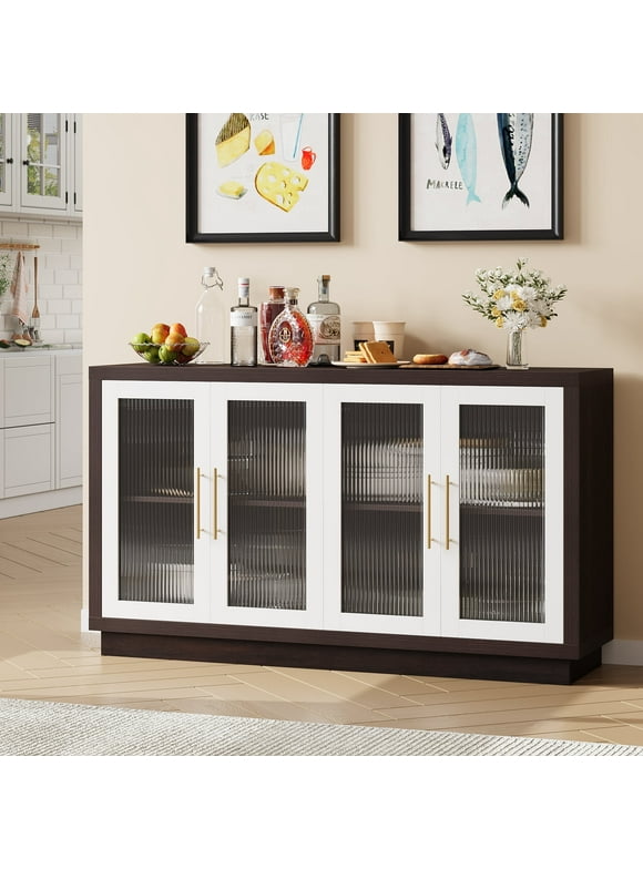 Homfa Modern Sideboard Buffet with Glass Doors, Accent Cabinet Console Table TV Stand, Brown & White