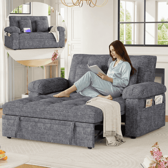 Homfa Modern Sleeper Sofa with Pull-Out Bed, Space-Saving Loveseat with USB Charging Port & 4 Side Storage Pockets & Cushions for Living Room Apartments, Chenille Fabric, Dark Gray