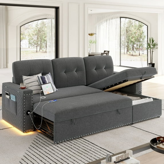 Homfa Gray Sofa Bed with Storage & USB Charging Port, L Shaped Sofa Bed Couches with Storage & Pull out Bed for Living Room
