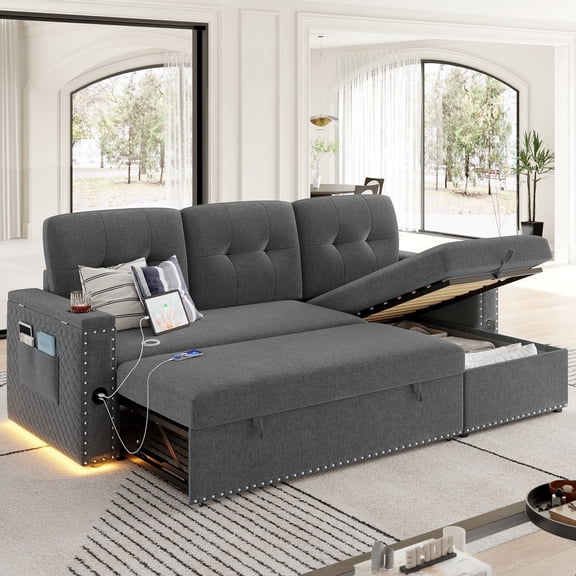 Homfa Gray Sofa Bed with Storage & USB Charging Port, L Shaped Sofa Bed Couches with Storage & Pull out Bed for Living Room
