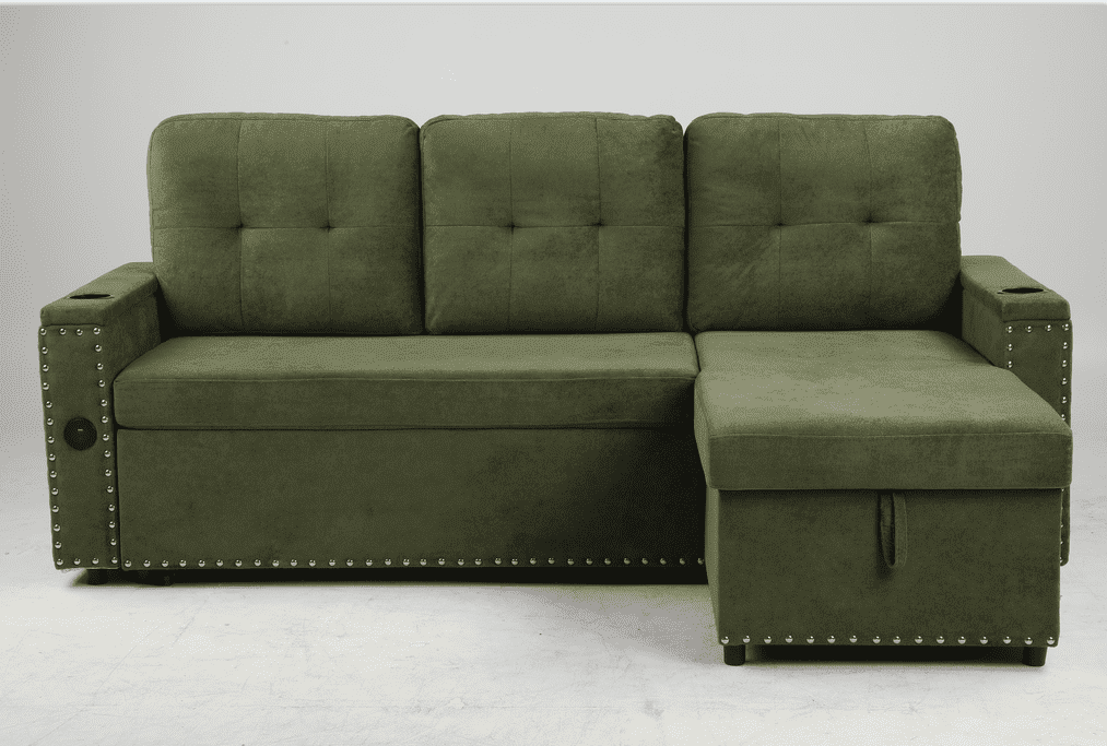 Homfa Modern Sleeper Sofa with Pull-Out Bed, L-Shaped 3-Seat Sofa with Storage Chaise Couch & USB Charging Port for Living Room,Velvet Fabric, Green