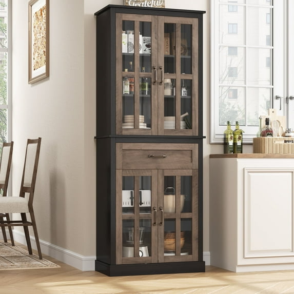 Homfa Modern Storage Cabinet with Glass Doors, 71'' Kitchen Pantry with Adjustable Shelves, Wood Bookcase, Black & Oak