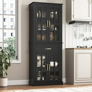 Homfa Modern Storage Cabinet with Glass Doors, 71'' Kitchen Pantry with Adjustable Shelves, Wood Bookcase, Black