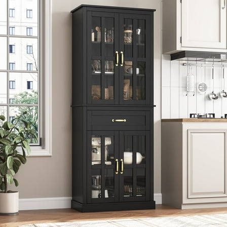 Homfa Modern Storage Cabinet with Glass Doors, 71'' Kitchen Pantry with Adjustable Shelves, Wood Bookcase, Black