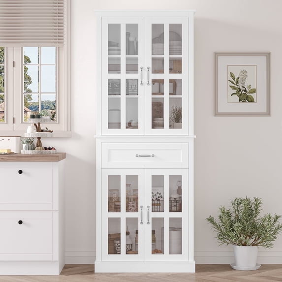 Homfa Modern Storage Cabinet with Glass Doors, 71'' Kitchen Pantry with Adjustable Shelves, Wood Bookcase,, White