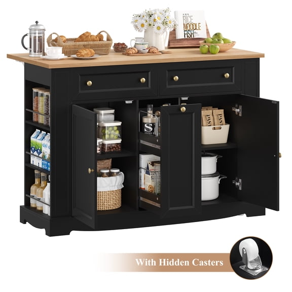 Homfa Mobile Kitchen Island with Rubberwood Countertop, 3 Drawer 2 Door Kitchen Cart with Drop Leaf and Casters for Kitchen Dining Room, Black