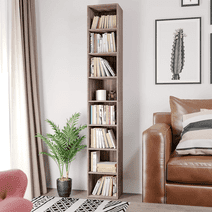 Homfa Narrow Bookcase with 8 Shelves, CD DVD Media Storage Cubes , Dark Oak