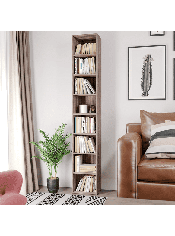 Homfa Narrow Bookcase with 8 Shelves, CD DVD Media Storage Cubes , Dark Oak