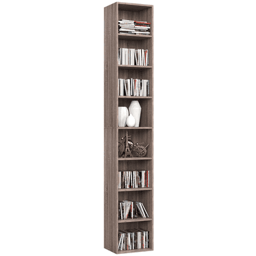 Homfa Narrow Bookcase with 8 Shelves, CD DVD Media Storage Cubes , Dark Oak