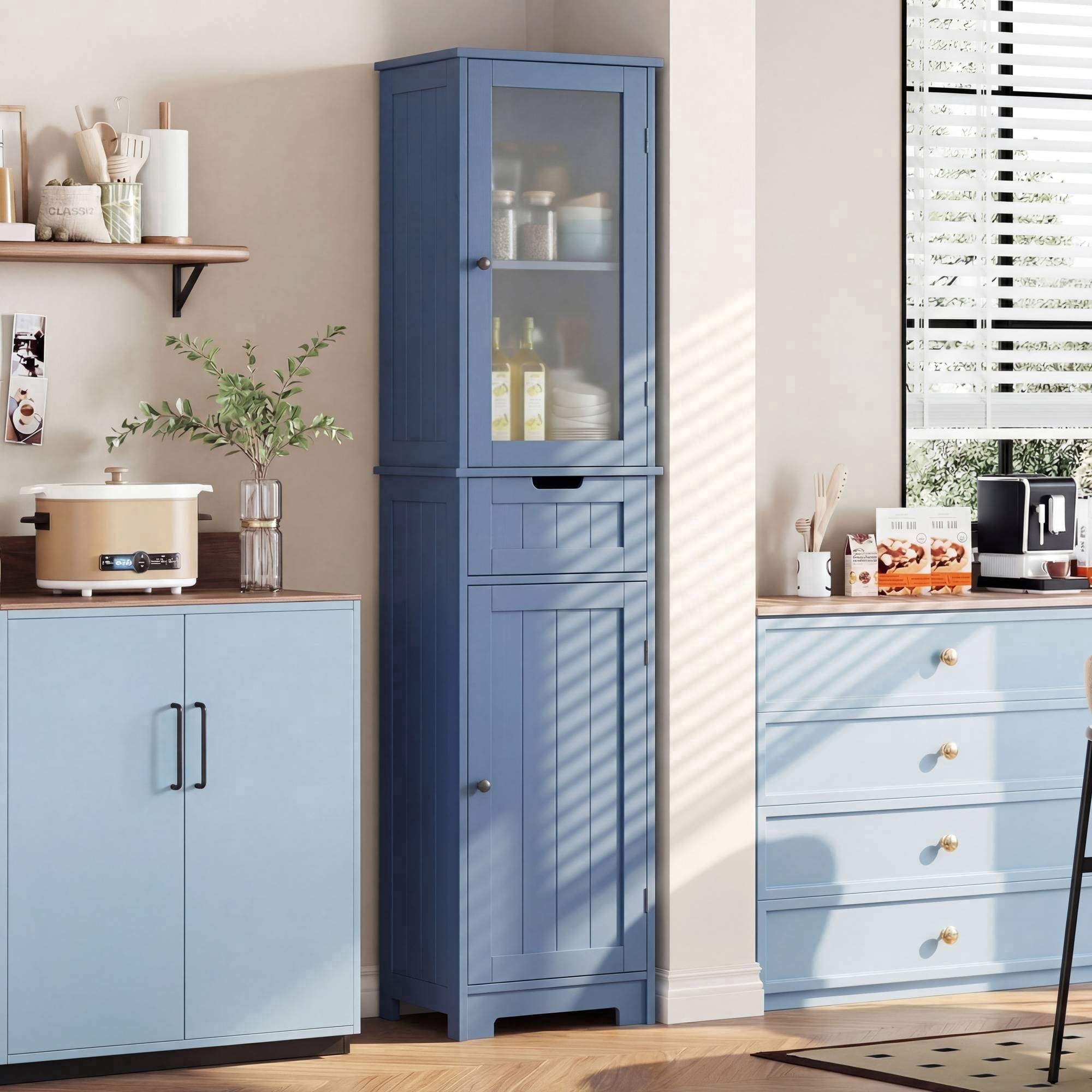 Homfa Narrow Kitchen Pantry Storage Cabinet, 67" Slim Pantry Cabinet with Drawer and Door, Space-Saving Freestanding Storage Cabinet for Small Place, Blue