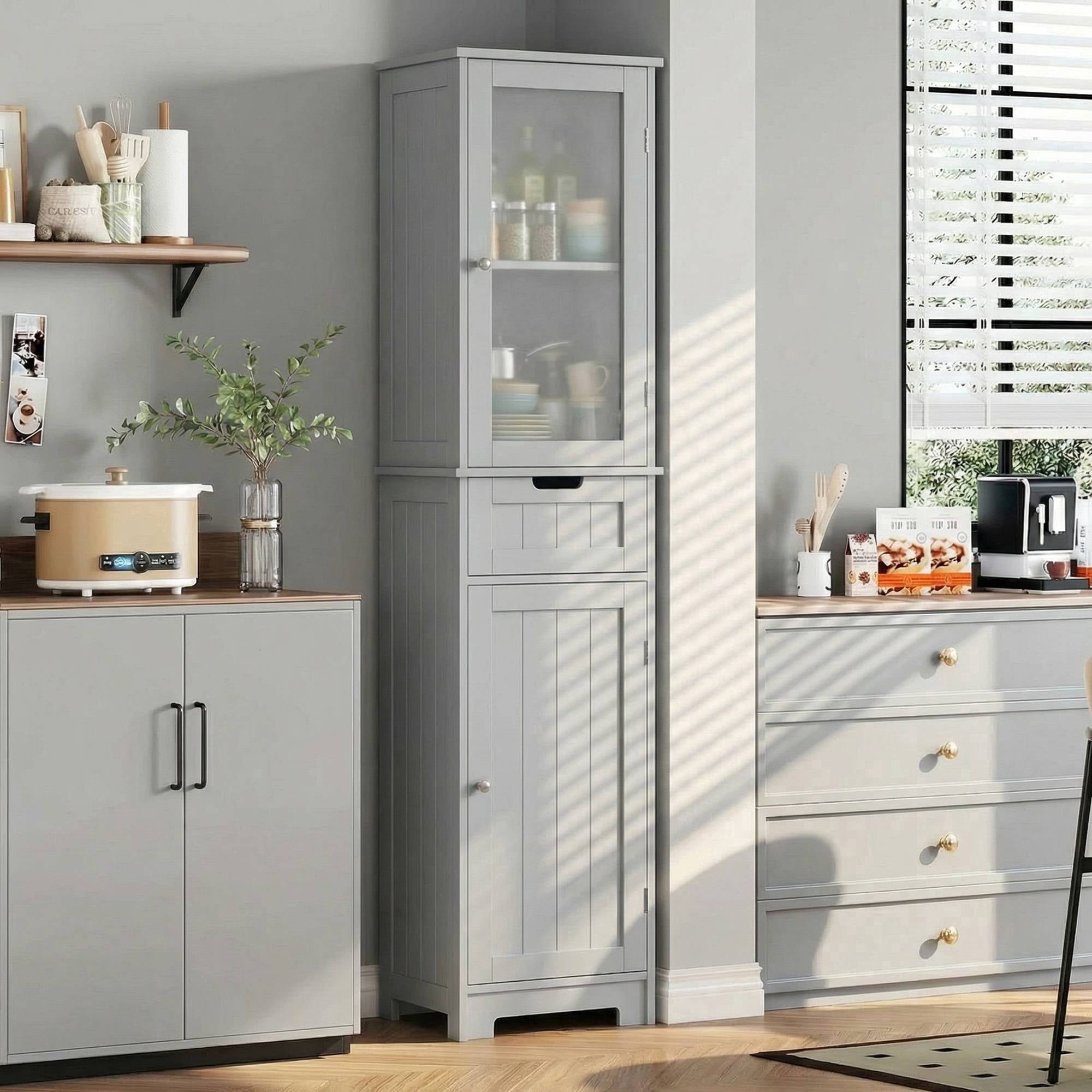 Homfa Narrow Kitchen Pantry Storage Cabinet, 67" Slim Pantry Cabinet with Drawer and Door, Space-Saving Freestanding Storage Cabinet for Small Place, Gray